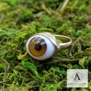 Brass hand blown glass evil eye ring-hazel